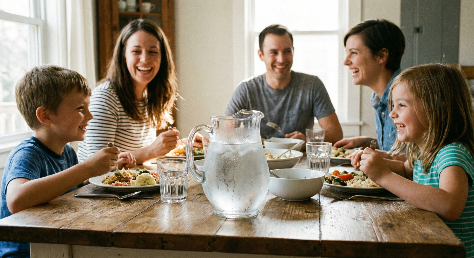 Happy family enjoying dinner with fresh clean water