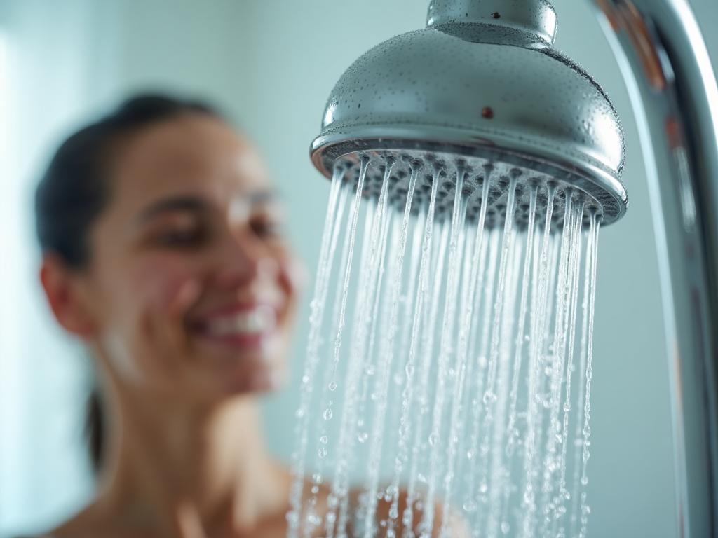 Close-up of clean shower head with happy person enjoying soft water