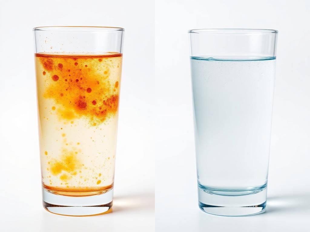 Before and after well water treatment comparison showing rusty water transformed to crystal clear